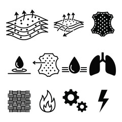 Collection of icons representing breathability material properties durability and medical concepts silhouette