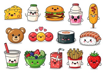 A collection of cute, cartoonstyle food characters with happy faces, including a burger, sushi, fries, and strawberry, presented in a pixel art style