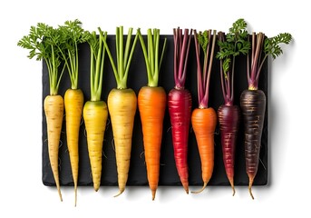 A variety of colorful heirloom carrots with green tops, including yellow, orange, red, and purple varieties, arranged in a row on a dark slate against a white background, isolated on white background