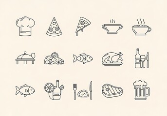 A collection of simple, thinline black and white icons representing various food and drink items, including a chefs hat, pizza, soup, fish, chicken, steak, and beer, on a light beige background
