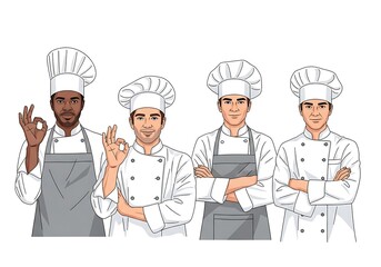 Four chefs in uniform with toques, smiling and giving the okay sign, with two chefs wearing aprons and two without, isolated on a white background
