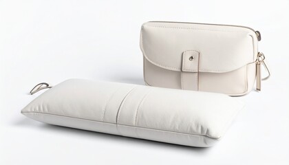 Two off-white leather accessories; a rectangular clutch and a long, slender pillow, both subtly stitched, displayed on a white background