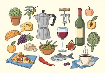 A colorful illustration of various food and drink items, including a coffee pot, wine bottle, wine glass, pizza, cheese, grapes, olives, figs, and fruit, on a light cream background