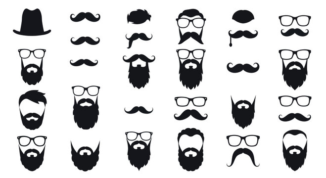 Collection of stylish beard and mustache silhouettes with glasses and hats