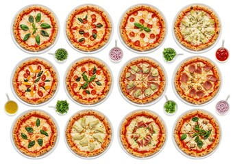 A collection of twelve delicious pizzas, each with unique toppings and ingredients, arranged in a grid pattern, isolated on a white background