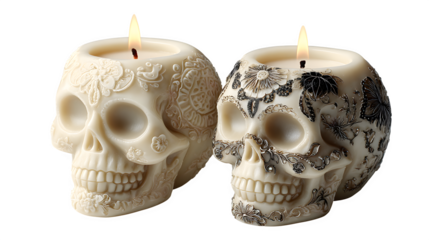 Halloween themed candle gift set in skull-shaped holders, isolated on white background