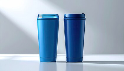 Two sleek, blue, metallic travel mugs stand on a white surface, illuminated by a soft light source.  One features a square lid, the other a rounded one