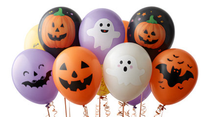 Halloween balloon set with pumpkins, ghosts, and bats printed, isolated on white background