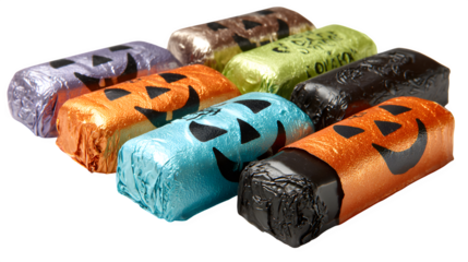 Halloween themed chocolate gift bars wrapped in pumpkin foil, isolated on white background