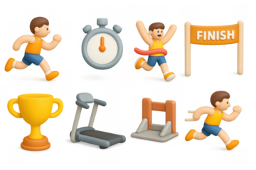 3d cartoon race icons with running characters and sports equipment
