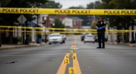 Yellow police tape and evidence markers at an active crime scene on a residential street.