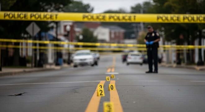 Yellow police tape and evidence markers at an active crime scene on a residential street.