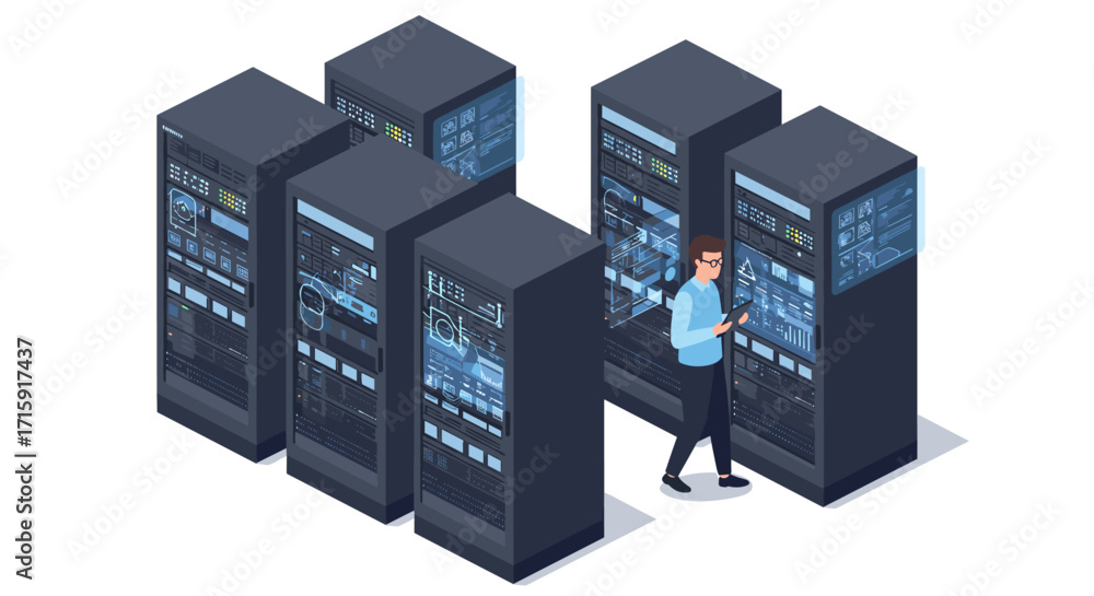 Poster data center technology vector illustration: isometric design for it infrastructure and network manag