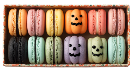 Halloween themed macarons gift set in pumpkin box, isolated on white background