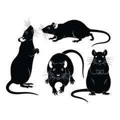 Collection of five distinct black silhouettes of rats posed in various positions silhouette