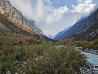 mountain landscape with lake In ala Archa National Park Kyrgyzstan 