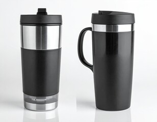 Two insulated travel mugs; one stainless steel with black sleeve and lid, the other all black with a handle.  Both on a reflective white background