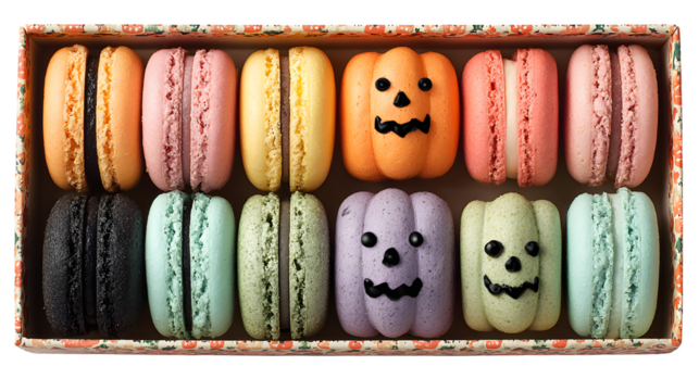 Halloween themed macarons gift set in pumpkin box, isolated on white background