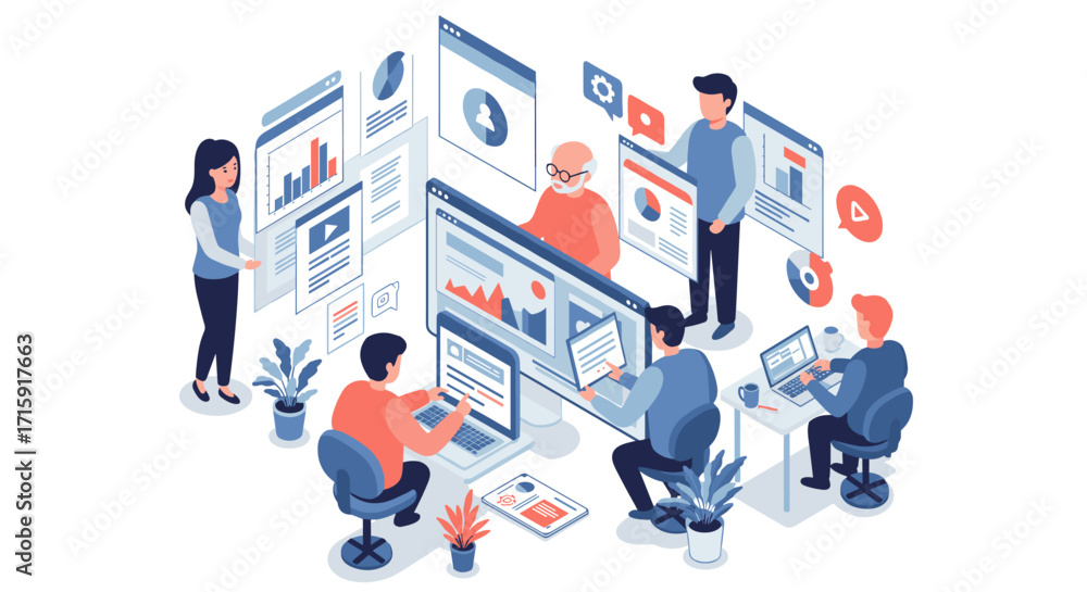Poster collaborative teamwork in a digital workspace vector illustration for business strategy design in fl