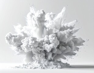 A dramatic, monochrome explosion of white powder, billowing outwards in a chaotic yet aesthetically pleasing manner, against a minimalist white backdrop