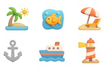 Colorful soft beach icons: tropical, nautical, and ocean elements with 3d glow effect