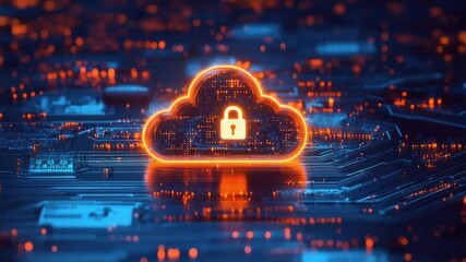 Glowing digital cloud with secure padlock icon representing cybersecurity and data protection technology - Powered by Adobe