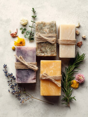 Handmade soaps with natural ingredients and decorative herbs arranged on a textured surface