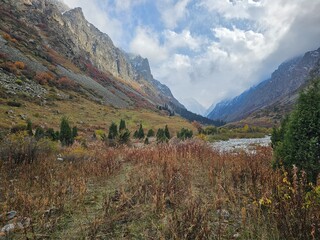 mountain landscape with lake In ala Archa National Park Kyrgyzstan 