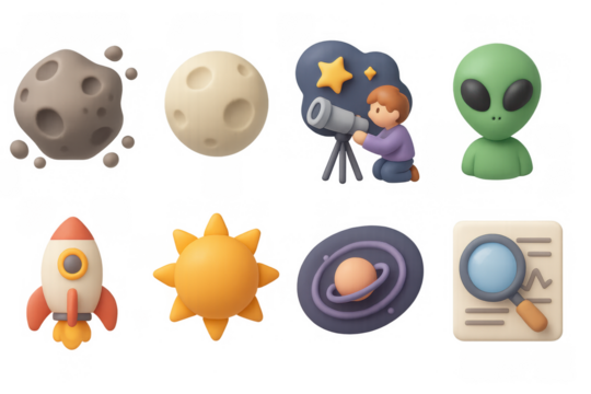 Space exploration icons in 3d style featuring planets, rocket, and alien