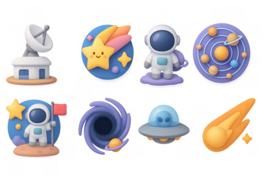 Futuristic space adventure icons: cute astronaut and celestial elements in soft 3d style