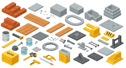Isometric construction tools and materials vector illustration for design projects
