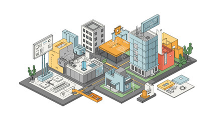 Isometric cityscape vector illustration: urban architecture and technology design for posters