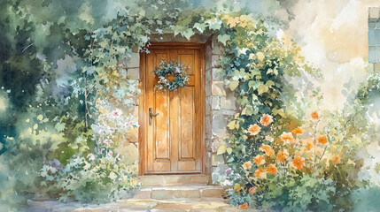 Enchanting Cottage Door with Ivy and Floral Scenery � Watercolor Art