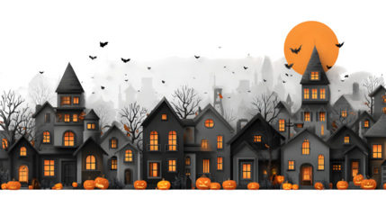 Halloween village background with haunted houses, glowing pumpkins, bats in sky, isolated on white background