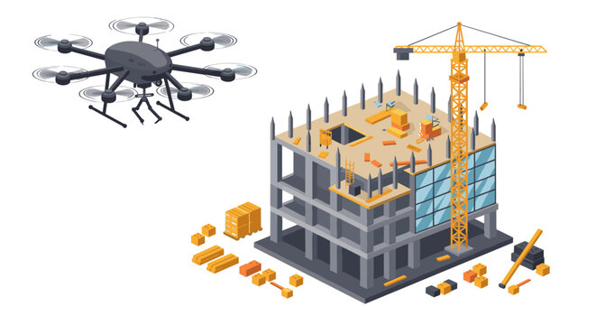 Construction site with crane and drone vector illustration in isometric style for engineering and architecture design