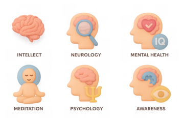 Mental health and psychology 3d icons with brain, intellect, and mindfulness imagery