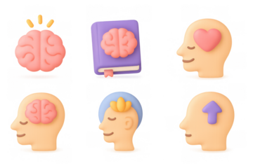 Colorful 3d icons of human brain and mind concepts with soft glow