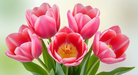 Fototapeta premium A beautiful bouquet of pink tulips with green leaves