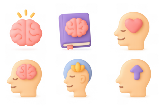 Colorful 3d icons of human brain and mind concepts with soft glow