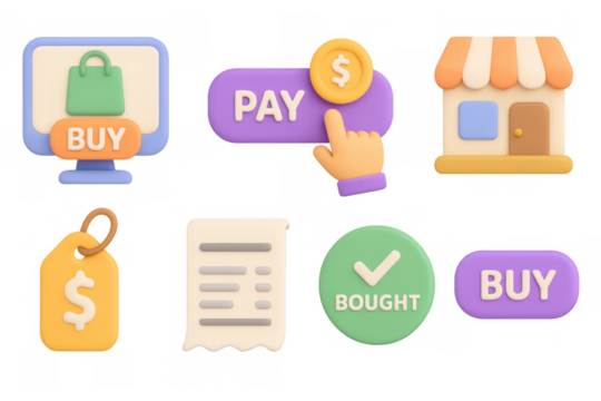 E-commerce icons set: shopping cart, payment, store, and tags in 3d style