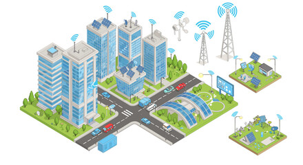 Smart city infrastructure vector illustration for urban development and renewable energy concepts in isometric style