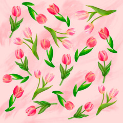 seamless pattern with pink tulips illustrations watercolor background pink
