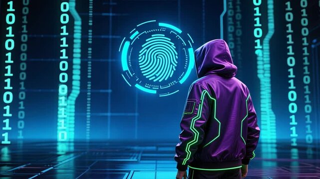 A person facing a glowing fingerprint icon with binary code background, representing cybersecurity, data protection, phishing