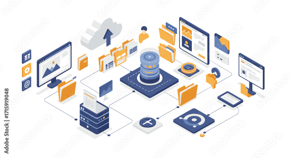 Poster data storage and cloud computing vector illustration in isometric style for technology design