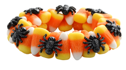 Halloween wreath made with candy corn and spider charms, isolated on white background