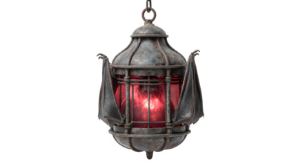Hanging bat cage prop with glowing red eyes inside, isolated on white background