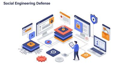 Cybersecurity strategies vector illustration: social engineering defense in isometric style for digital security awareness