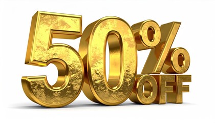 Gold 3D-rendered "50% OFF" text with a textured, metallic finish, set against a stark white background
