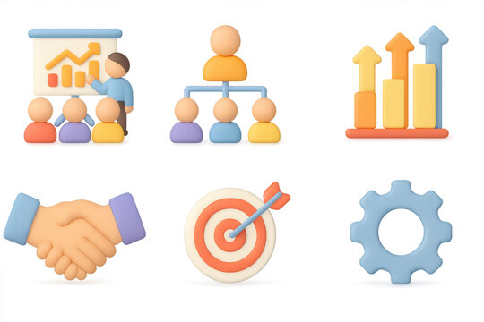 3d business icons: growth, presentation, and teamwork elements for modern design