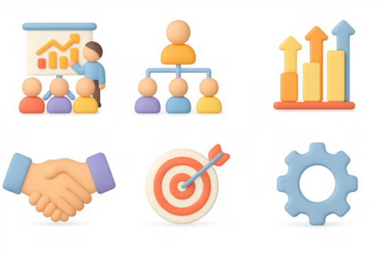 3d business icons: growth, presentation, and teamwork elements for modern design